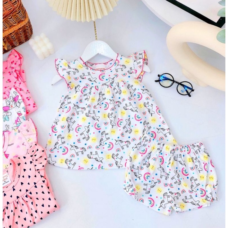 Bộ cộc tay bé gái bánh bèo cánh tiên cotton xuất Nhật