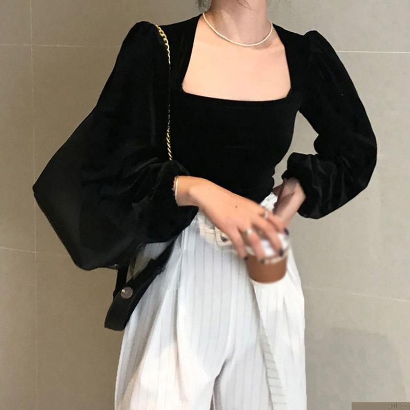 Áo thun tay dài cổ vuông màu sắc thanh lịch thời trang cho nữ