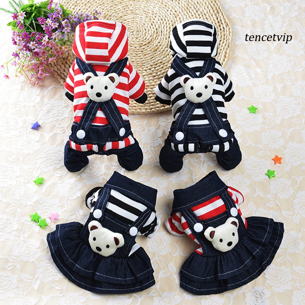 Áo liền quần có mũ trùm/Đầm cho chó cưng chất liệu denim họa tiết kẻ sọc dễ thương