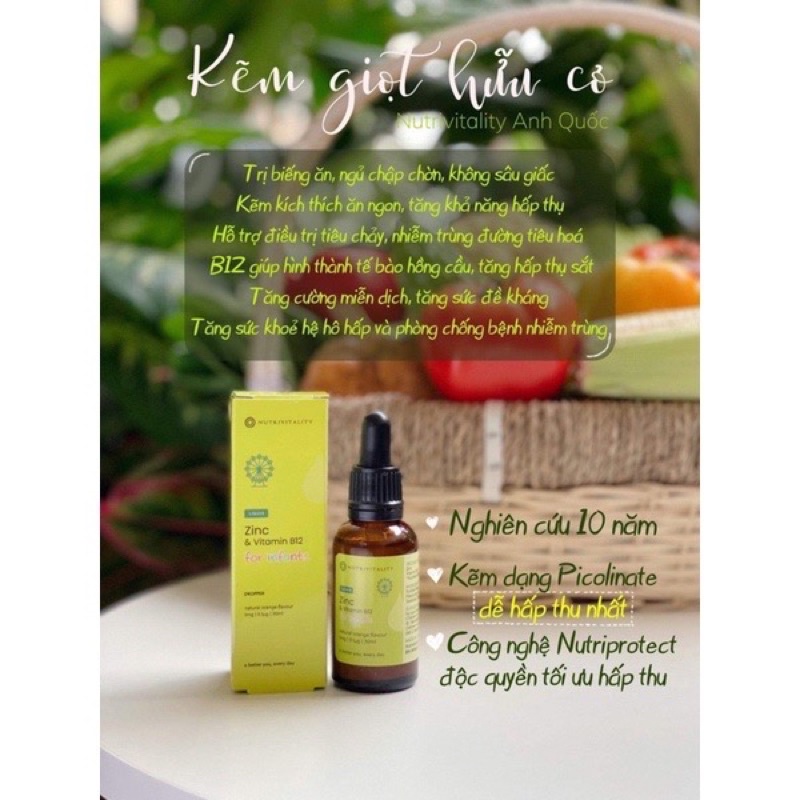 Kẽm giọt Nutrivitality Zinc bổ sung Vitamin B12 - 30ml Cho Bé Từ Sơ Sinh Đến Trên 10 Tuổi