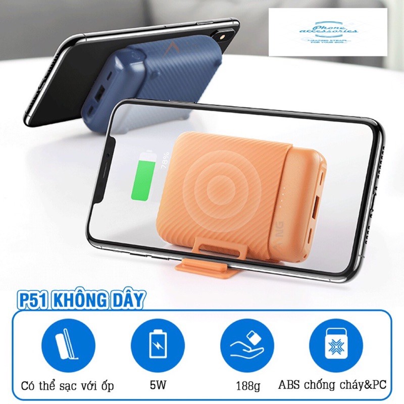 Pin sạc dự phòng không dây Rockspace P51 wireless 10.000 mAh sạc nhanh iphone, samsung chính hãng bảo hành 12