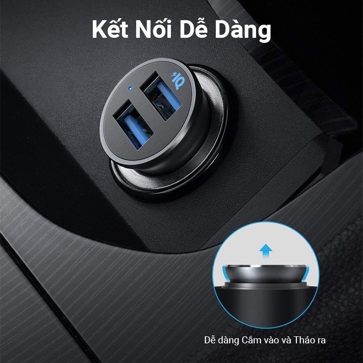 Tẩu Sạc nhanh Ô tô ANKER PowerDrive Alloy 24W 2 Cổng USB - Mã A2727 mỗi cổng 12W cho IP Ipad Samsung