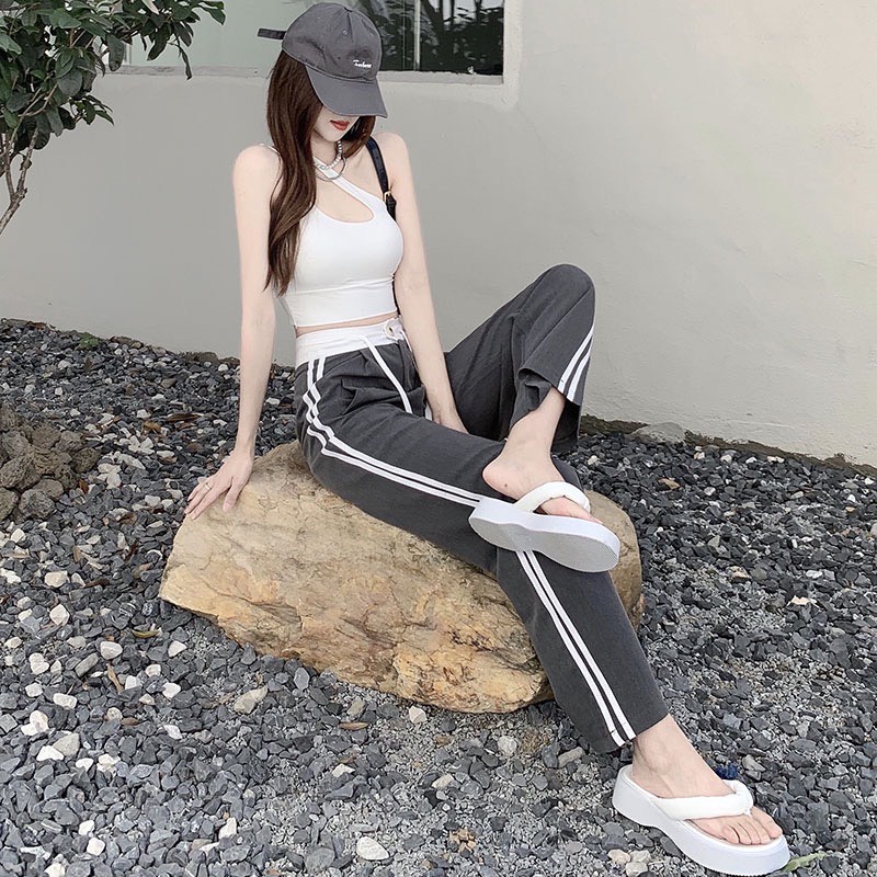 Quần Dài Thể Thao Nữ Dáng Rộng Cạp Cao Dây Rút Ống Suông Kẻ Sọc Thời Trang Sugal QUAN NU 040V8