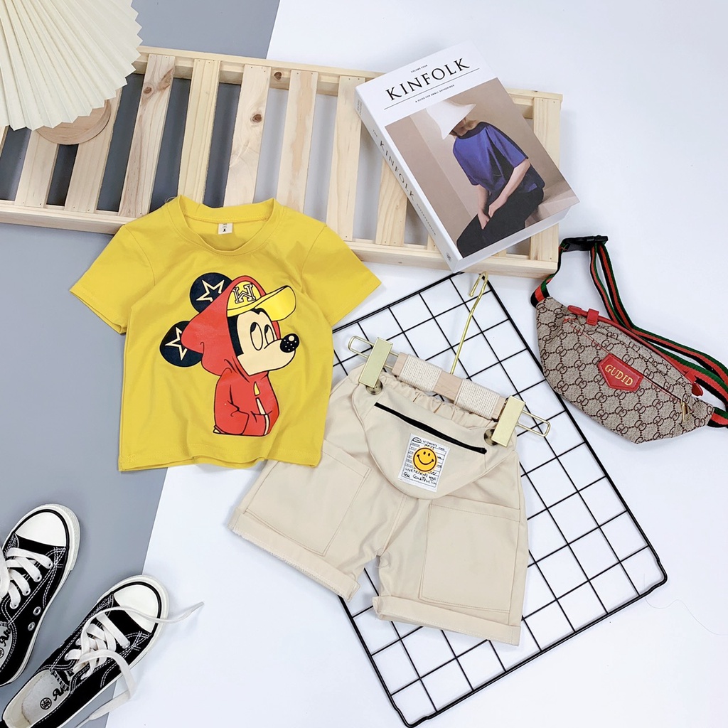 Set bộ bé trai, set Micky 3 chi tiết quần kaki áo cotton tàu kèm túi đeo cho bé trai 6-18kg