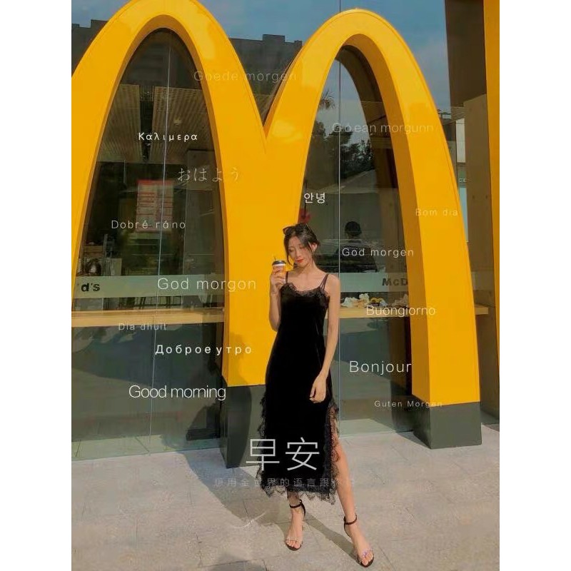 SẴN🖤Đầm dự tiệc 2 dây nhung pha ren sang chảnh quyến rũ sexy|Đầm suông maxi xẻ tà ren basic ôm body dáng dài | BigBuy360 - bigbuy360.vn