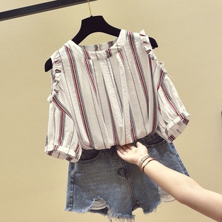 Áo sơ mi nữ kẻ sọc hở vai trẻ trung chất đũi lụa mềm mát thời trang xuân hè 2022 
