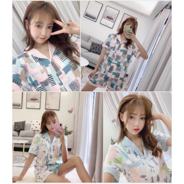 Set bộ mặc nhà dáng pizama lụa đùi