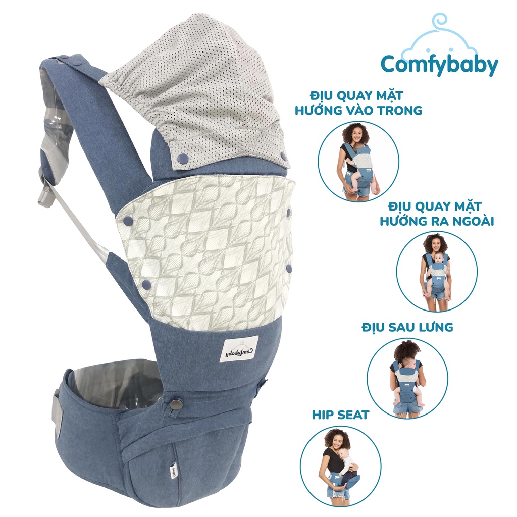 Địu ngồi trẻ em cao cấp Air mesh - siêu mềm thoáng khí 4 tư thế Comfybaby HC003 cho bé từ sơ sinh trở lên có mũ đỡ đầu