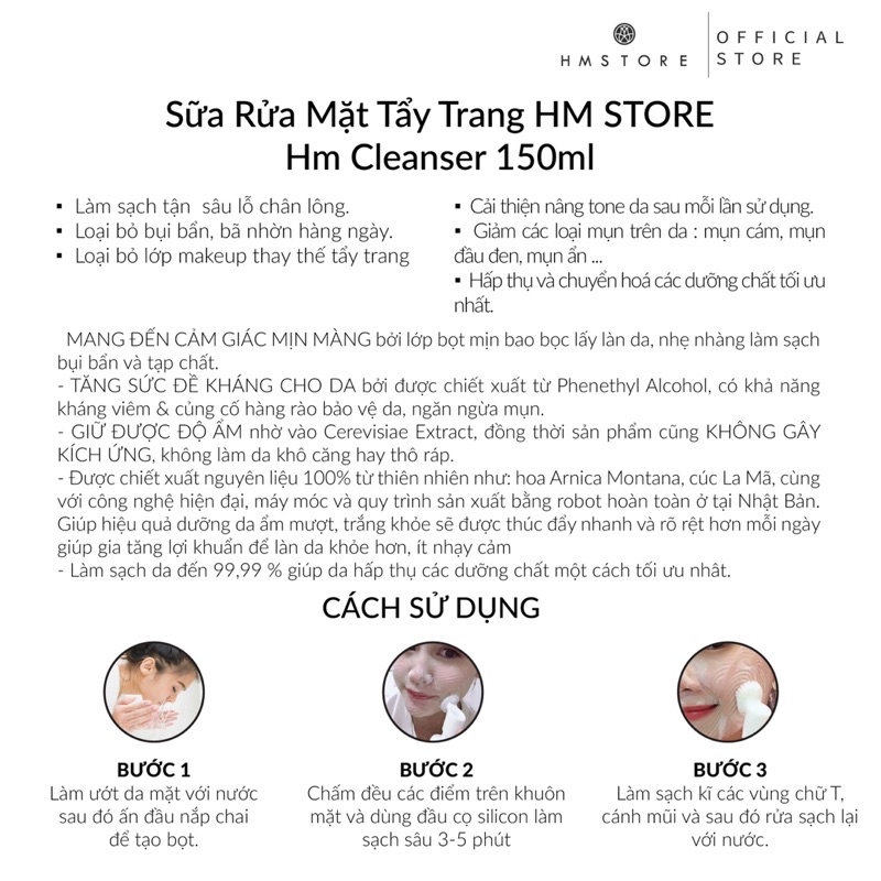 SỮA RỮA MẶT TẨY TRANG TRẮNG DA HM STORE