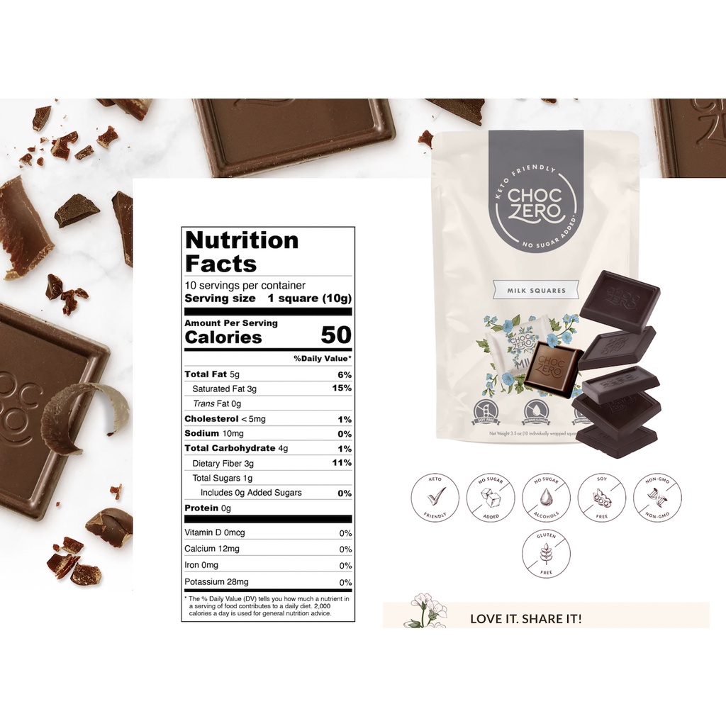 TÚI SOCOLA SỮA VUÔNG Choczero MILK CHOCOLATE SQUARES, KHÔNG ĐƯỜNG, ĂN KIÊNG Keto, Non GMO, Gluten Free, 100g (3.5 oz)
