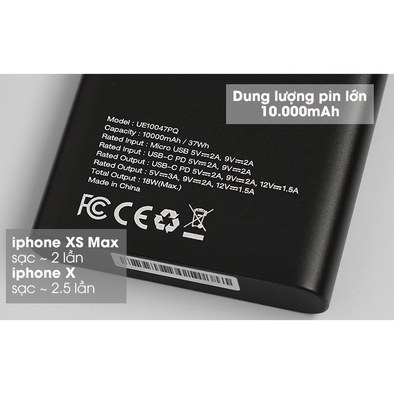 Pin sạc dự phòng Polymer 10000mAh Type C PD QC3.0 Energizer UE10047PQ Đen