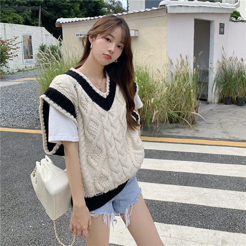 Áo dệt kim sát nách cổ chữ V dáng rộng màu sắc retro thời trang cho nữ | BigBuy360 - bigbuy360.vn