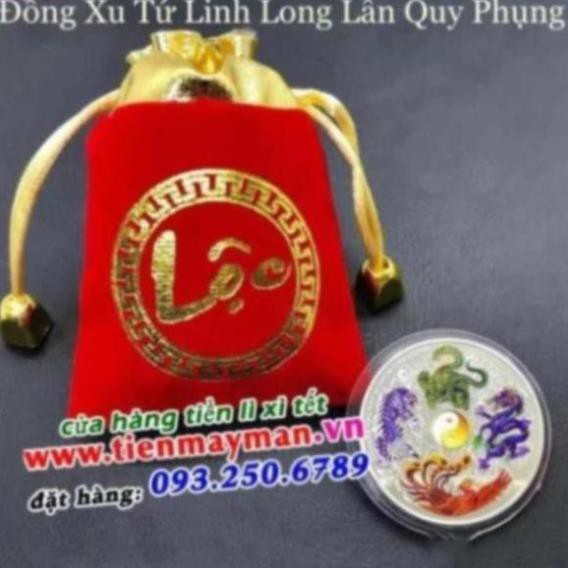 Đồng Xu Tứ Linh ý nghĩa phong thủy - tặng kèm túi gấm rồng phụng