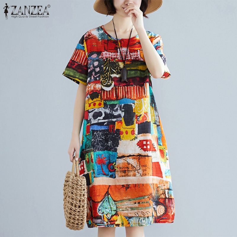 Đầm midi ZANZEA tay ngắn cổ tròn in họa tiết phong cách cổ điển thời trang dành cho nữ