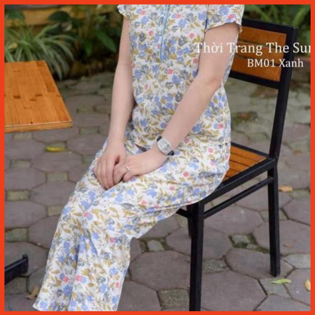 Bộ Đồ Mặc Nhà Nữ Xuân Hạ Thu Đông Đẹp - Mã BM01 Màu Cam Xanh Hoa Chất Thô Mềm