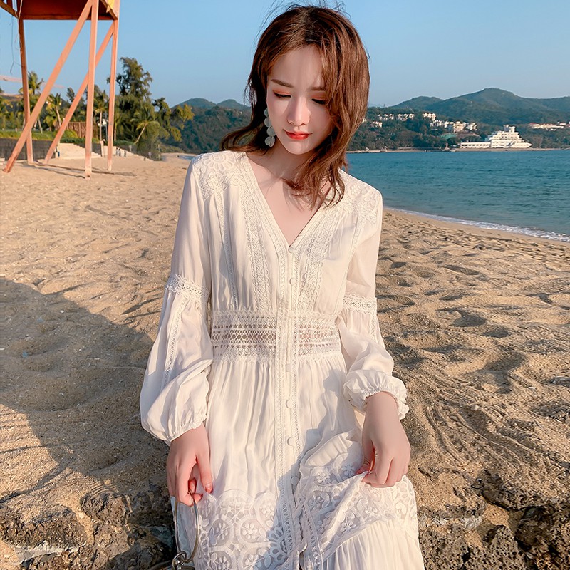 Váy maxi trắng dài tay pha ren chất siêu mát  260620