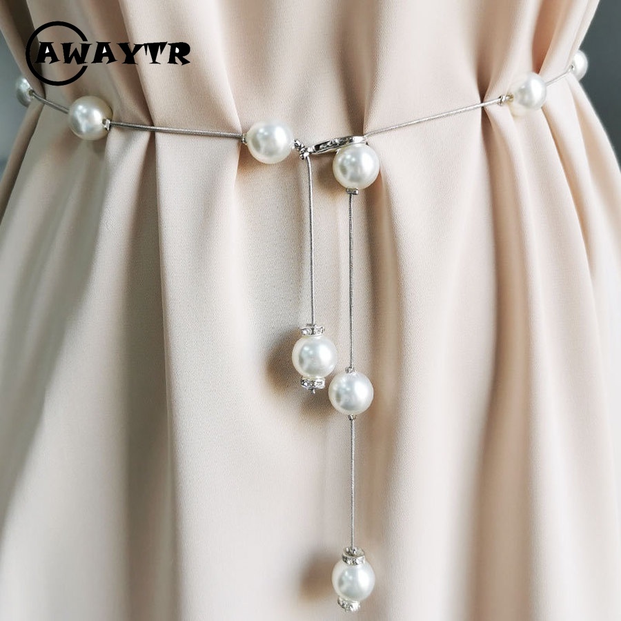 Thắt Lưng Dây Xích Mỏng Đính Ngọc Trai Kim Cương Giả Đơn Giản Ngọt Ngào Thời Trang Hàn Quốc