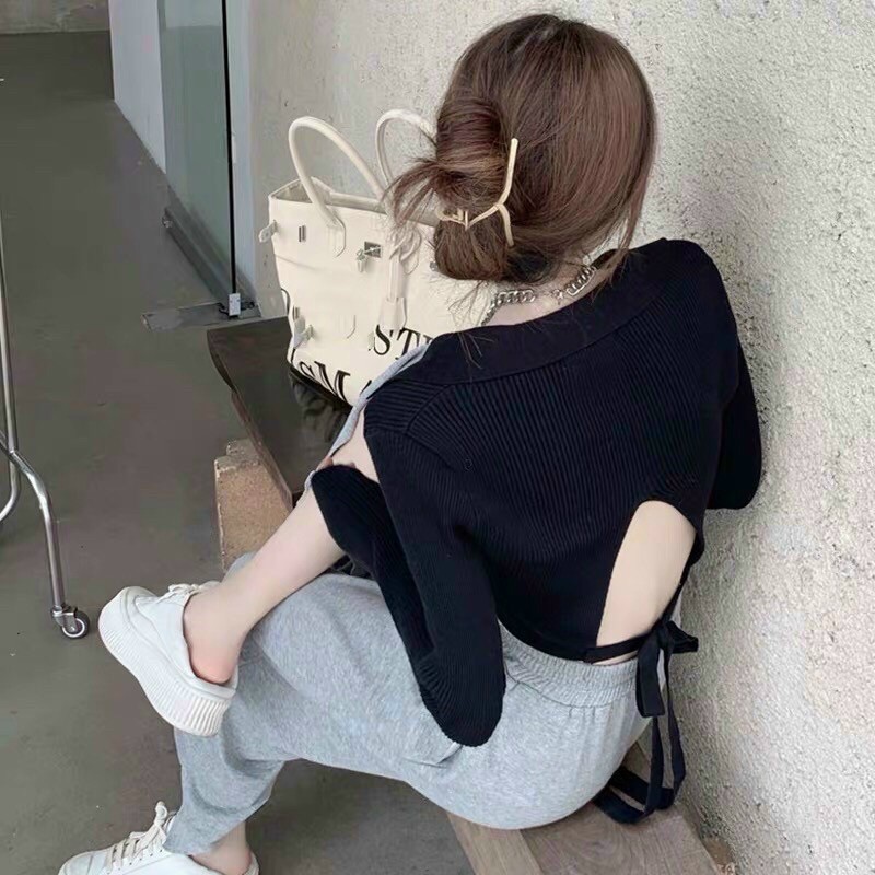 Áo croptop dạng polo tay dài hở lưng chất thun gân siêu sexy 🍓 | BigBuy360 - bigbuy360.vn