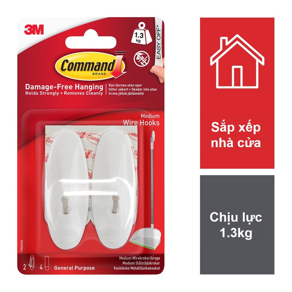 Móc dán tường đầu kim loại Command 3M vỉ 2 cái cỡ vừa chịu lực 1.3kg - 17068