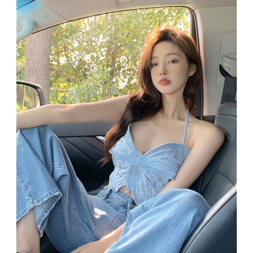 QKOOLE Áo Croptop Không Tay Phong Cách Cao Bồi Thời Trang Hàn Quốc Dành Cho Nữ