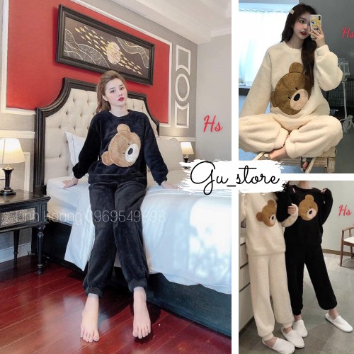 Bộ ngủ ở nhà gấu lông dài tay cực hot ảnh thật