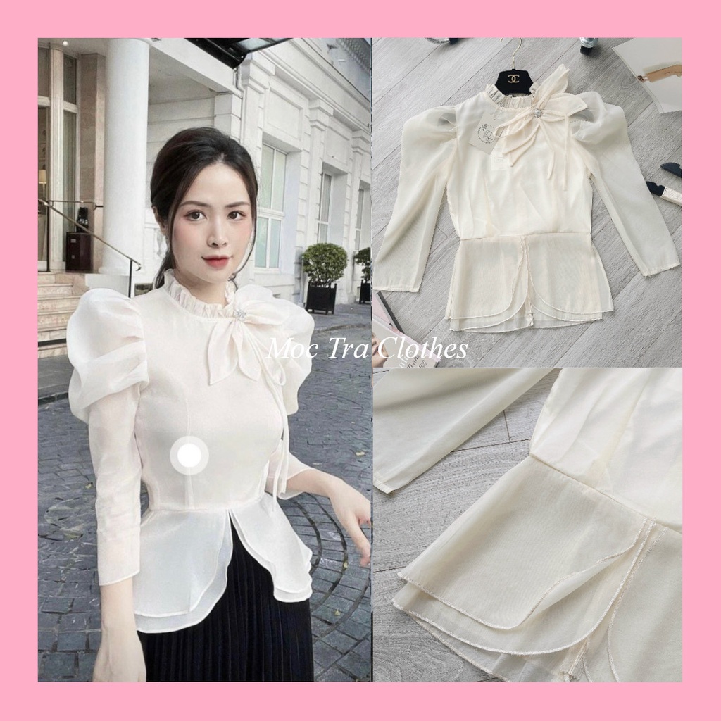 Áo sơ mi nữ cổ bèo nơ tiểu thư phối tay bồng siêu xinh, Áo tơ kiểu nữ rẻ đẹp trẻ trung thanh lịch