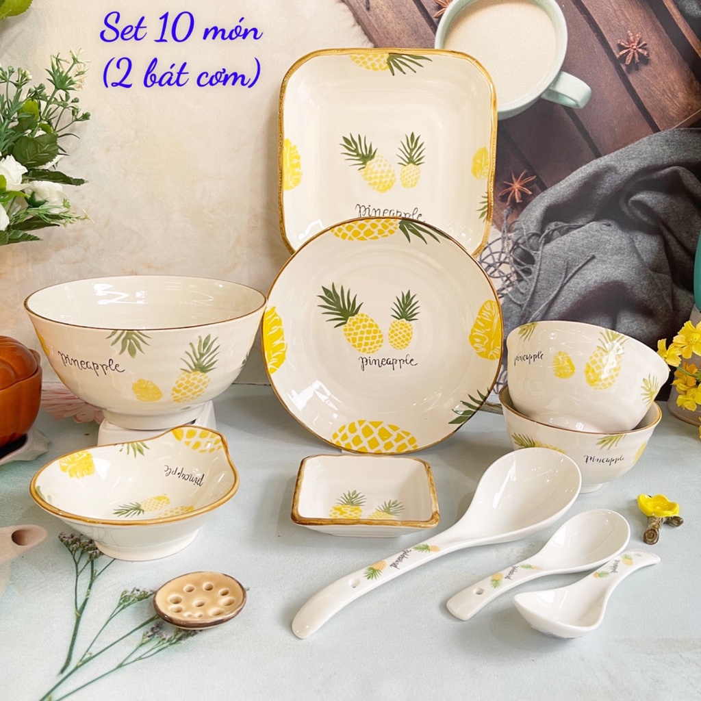 Bát Ăn Cơm  Bộ Bát Đĩa Sứ Decor  Chén Dĩa Dứa Vàng Dễ Thương  Cute Cao Cấp S141