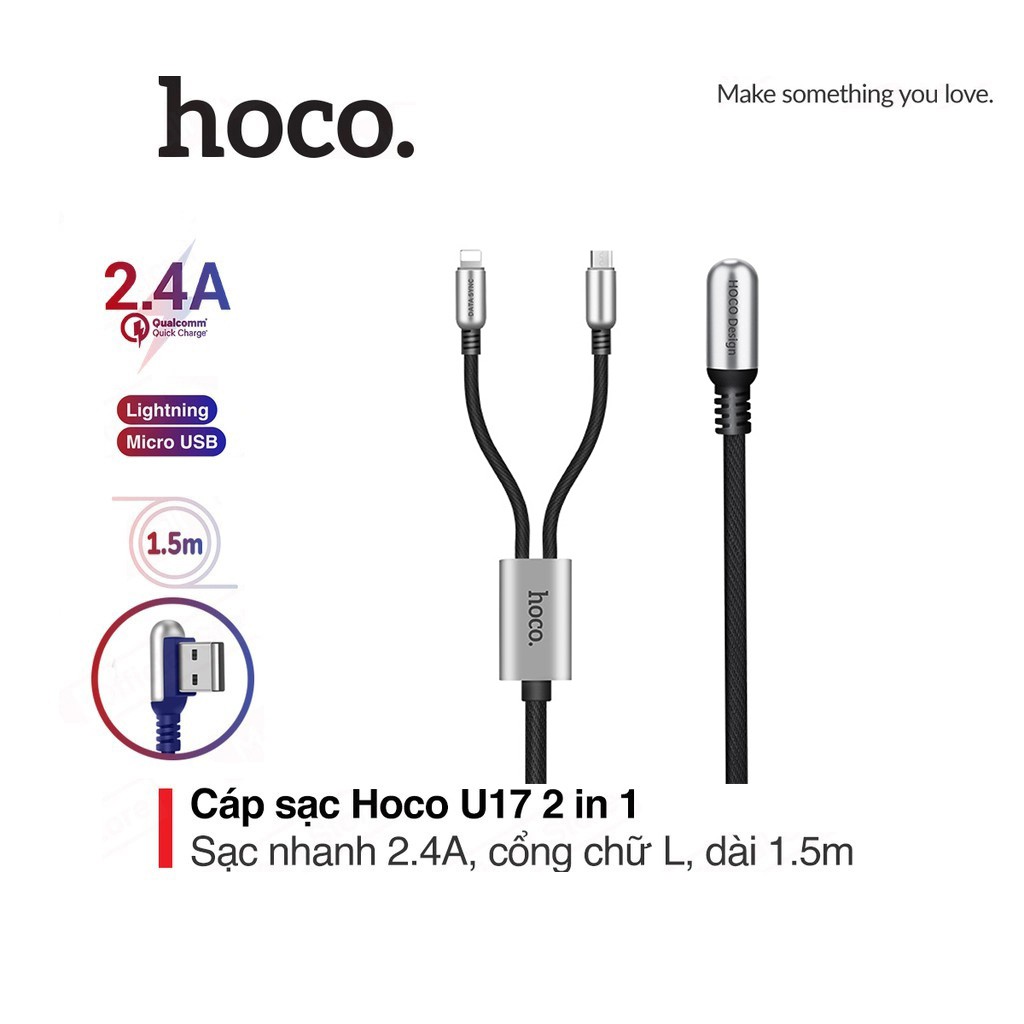 Cáp sạc nhanh 2.4A Hoco U17 đầu Lightning và Micro dây dù siêu bền dài 1.5M cho Smartphone