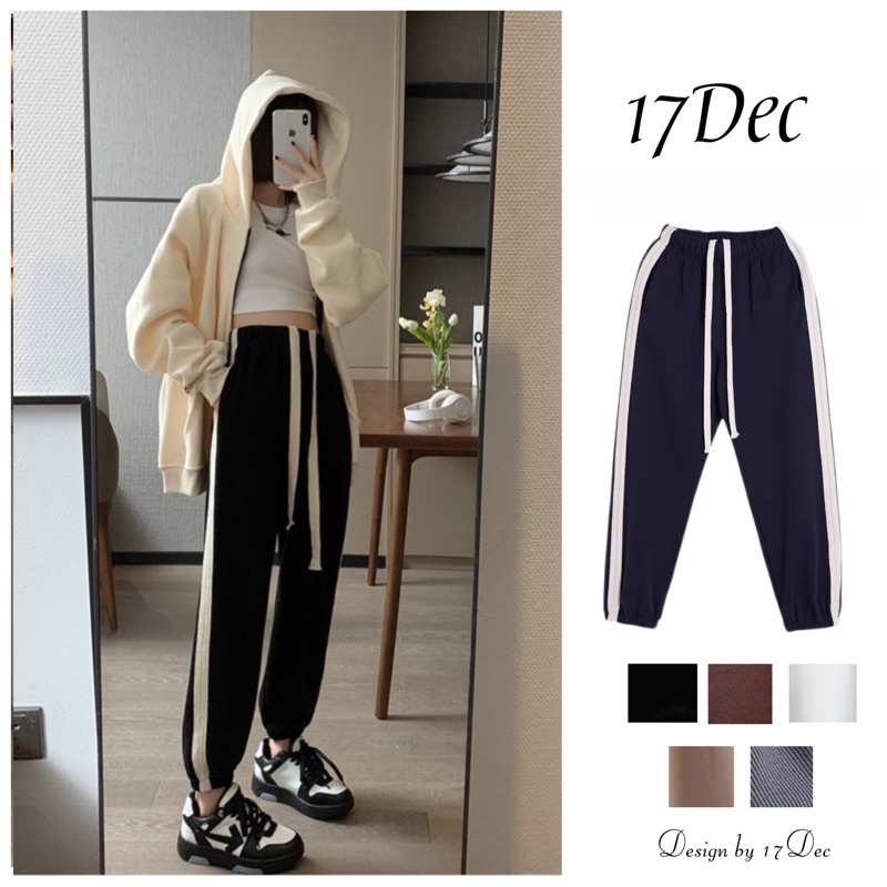 Quần jogger nỉ tăm phối sọc dệt cao cấp ,Quần jogger nữ boom gấu nỉ tăm phối sọc
