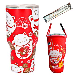 (HIẾM) LY GIỮ NHIỆT 900ML MÈO MAY MẮN KÈM TÚI, 2 ỐNG HÚT VÀ CỌ