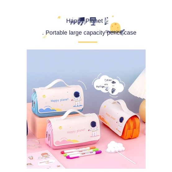 Túi đựng bút bằng vải Canvas nắp lật cỡ lớn đa năng in hình phi hành gia dễ thương cho học sinh