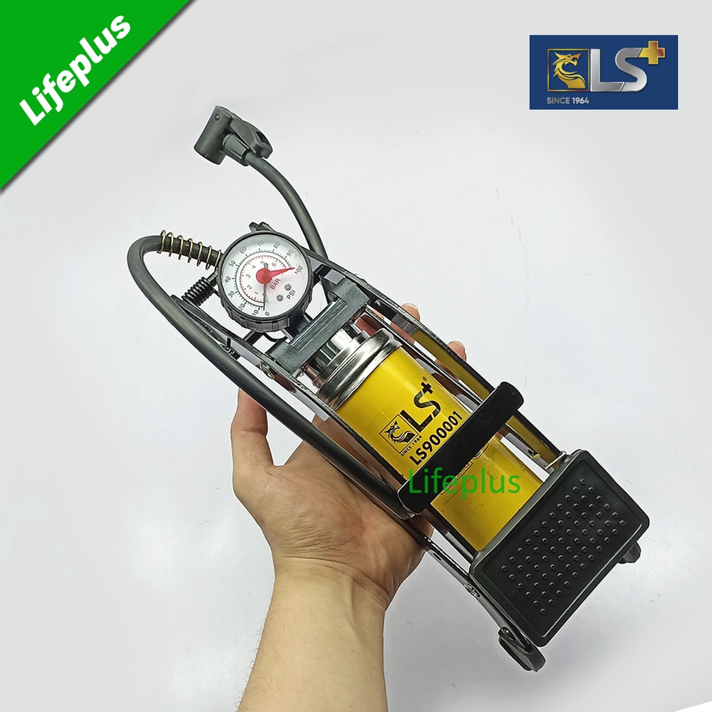 Bơm xe đạp chân 1 ống pitong áp 100psi 7 cân hơi hiệu LS+ dùng cho xe đạp, xe máy và ô tô,..