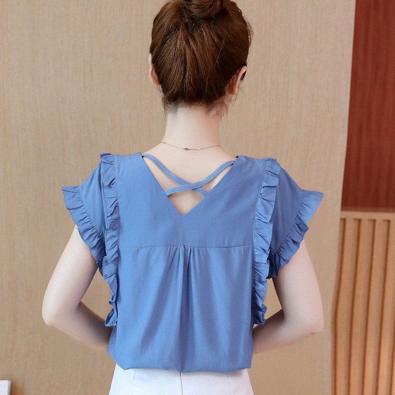 [Baywellfashion]Áo kiểu tay loe phối bèo màu trơn thiết kế cổ chữ V nữ tính | BigBuy360 - bigbuy360.vn