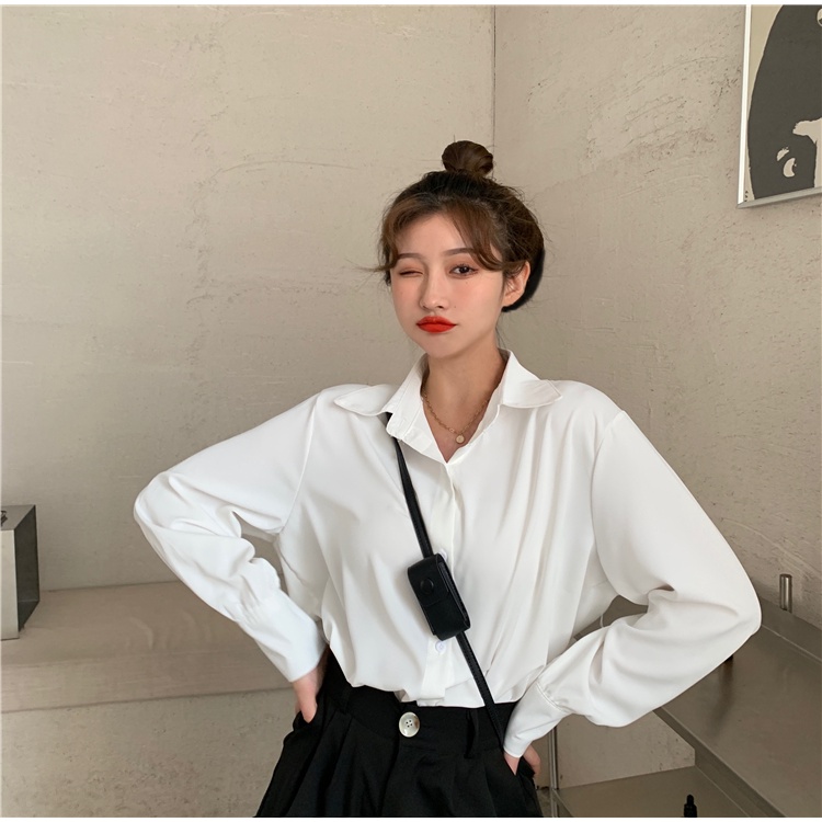 Áo sơ mi kiểu nữ Tay dài Form Dài rộng Ulzzang Hàn Quốc Sơ mi trơn nữ Dài tay Giấu quần Thời trang