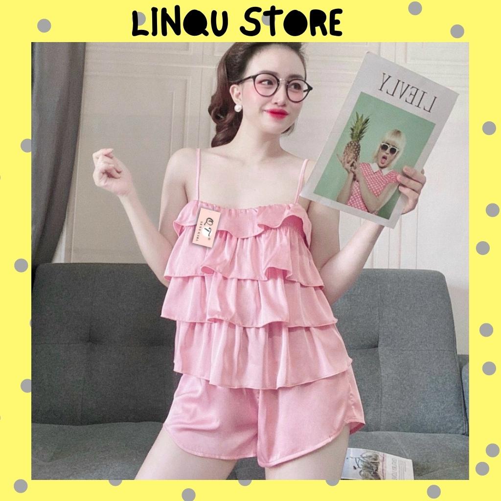 Đồ ngủ sexy  đồ ngủ 2 dây Linqu áo nhún tầng chất satin mềm mại mặc ngủ thoải mái Freesize