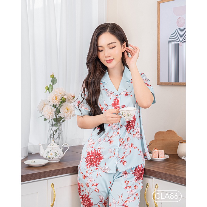 Bộ Pyjama satin ZAM Luxury CLA86 áo ngắn tay quần dài hoạ tiết