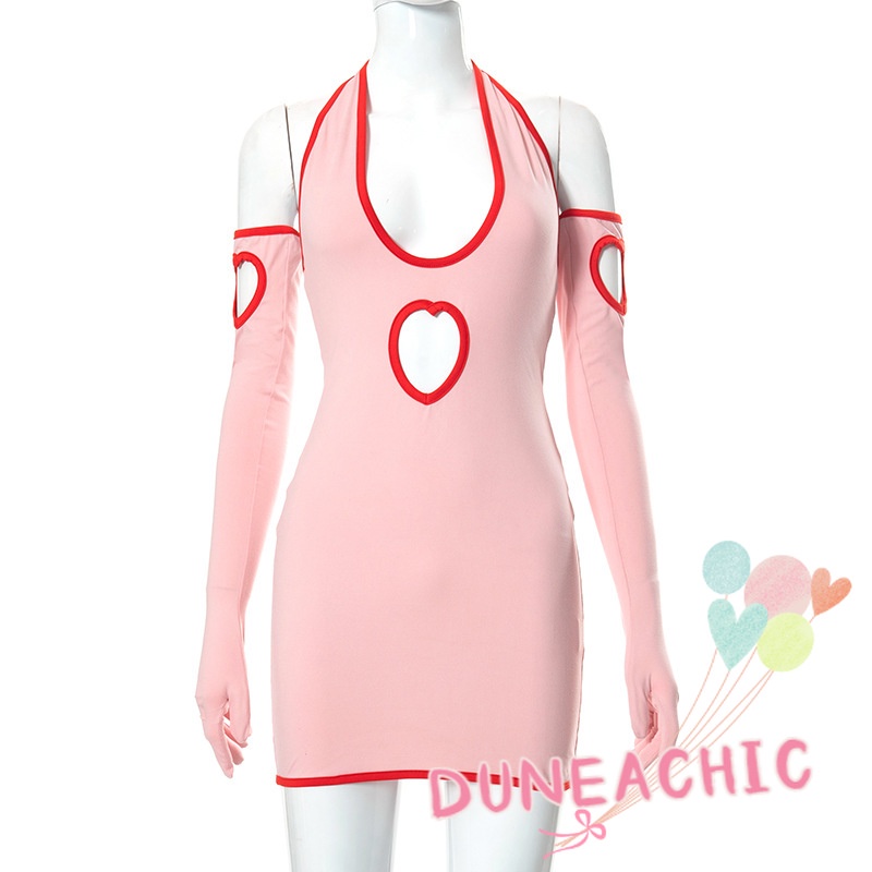 DUNEA Đầm hồng hở lưng có găng tay thời trang cá tính