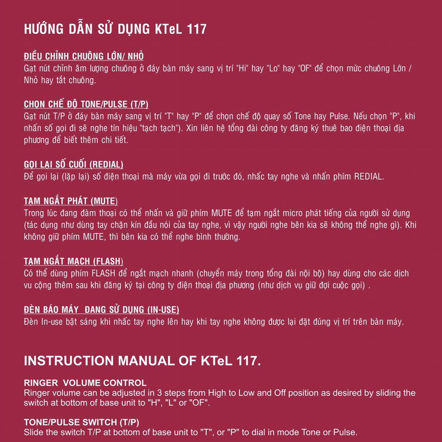 điện thoại có dây cố định để bàn, treo tường dùng cho điện thoại văn phòng, điện thoại khách sạn, gia đình KTeL 117 | BigBuy360 - bigbuy360.vn