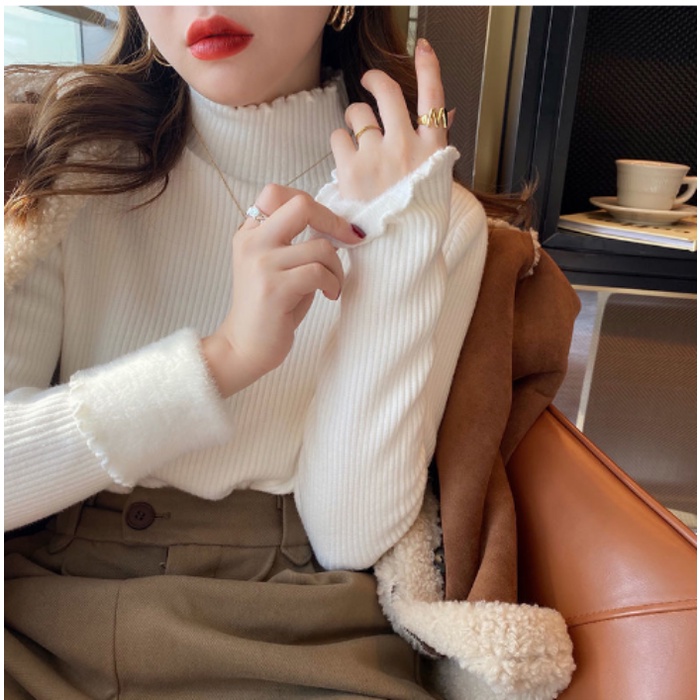 Áo Sweater Dệt Kim Tay Dài Cổ Lọ Lót Nhung Giữ Ấm Thời Trang Mùa Đông Cho Phái Nữ