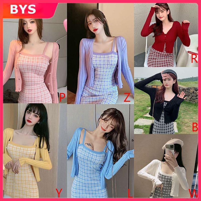 Bộ Áo Khoác Cardigan Không Tay + Đầm Ca Rô Xinh Xắn Dành Cho Nữ