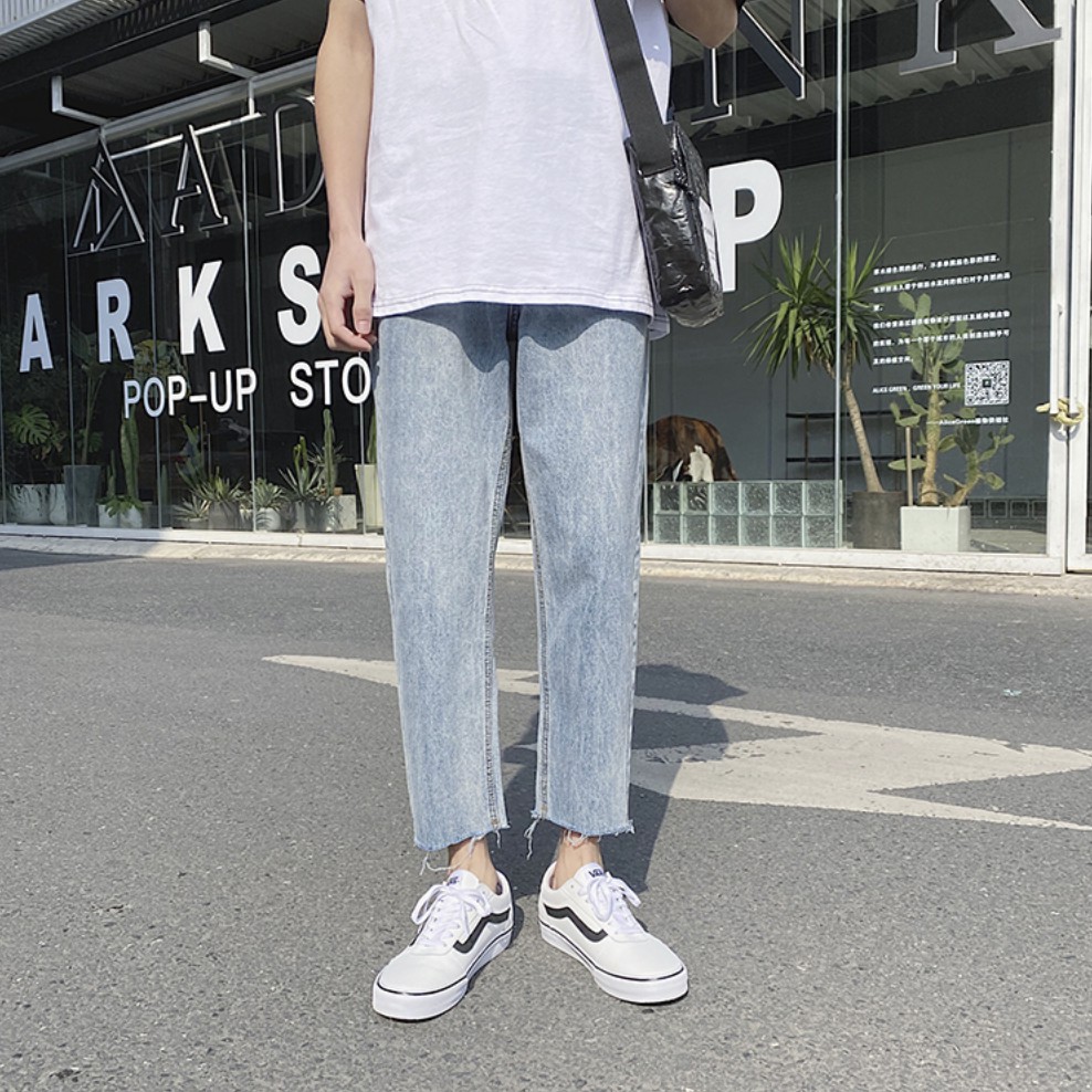 [Tiền Nào Của Đấy]Quần Jean Baggy Nam Cắt Gấu Ống Rộng Màu Xanh Trơn Basic Unisex Vải Co Giãn-B02