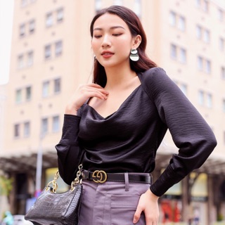 Áo lụa tay dài cổ đổ (ảnh thật shop chụp)