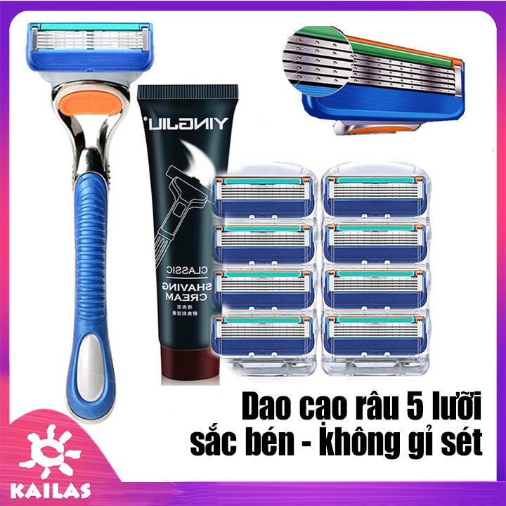 Dao cạo râu, Dao cạo râu 5 lưỡi sắc bén- không gỉ sét- Kèm 8 lưỡi thay thế và kem cạo râu