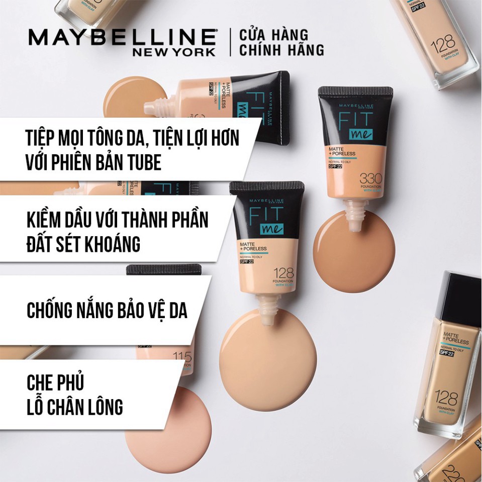 Kem Nền Mịn Nhẹ Kiềm Dầu Fit Me dạng tuýp Maybelline New York Matte and Poreless Foundation Tube 18ml