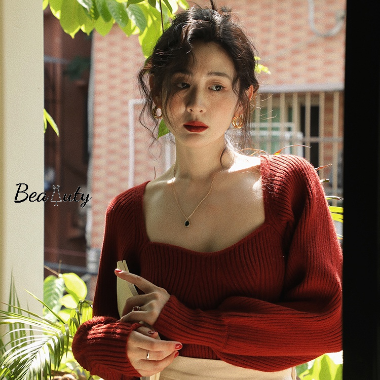 [MURIOKI] Áo Sweater Dệt Kim Cổ Vuông Màu Đỏ Phong Cách Giáng Sinh Cho Nữ