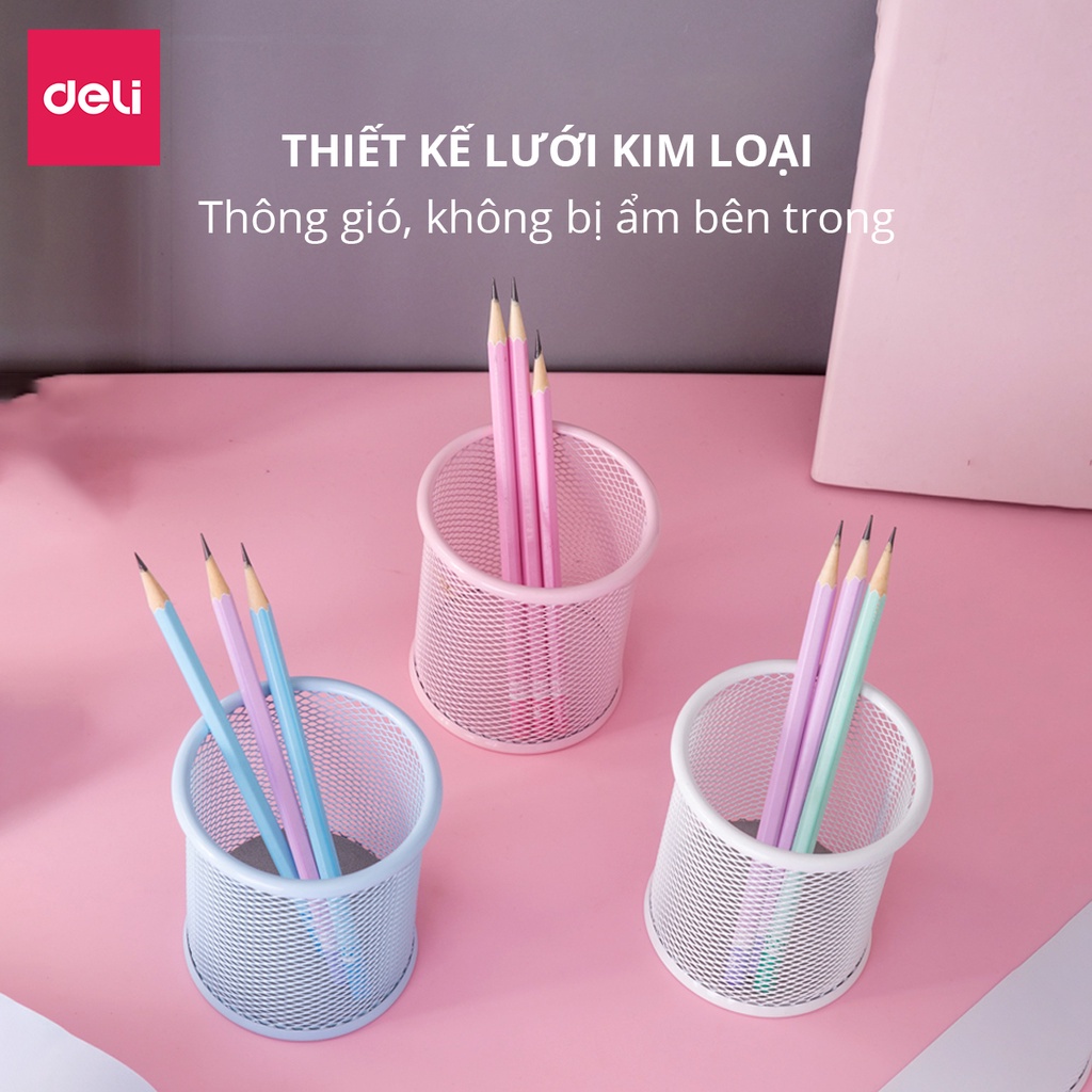 Cốc cắm bút kim loại Deli, 91*98mm - Xanh dương / Hồng / Trắng - 1 cái - 9153