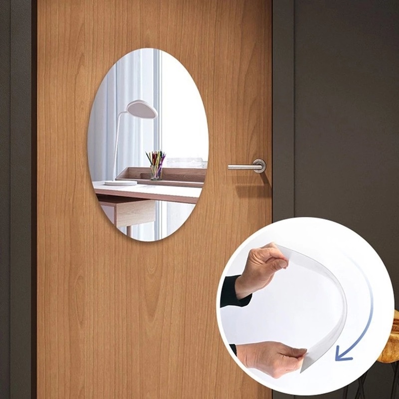 Sticker Dán Tường 2 Kiểu Hình Oval Mặt Gương Acrylic Chống Thấm Nước Tự Dính Cho Phòng Khách/Phòng Tắm