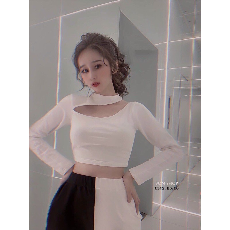 Áo croptop khoét ngực tay dài