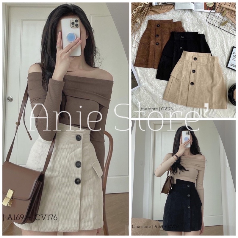 Chân Váy Chữ A Cúc Lệch Chất Nhung Tăm 🦋 Váy Ngắn Nữ Cạp Cao Kèm Lót Quần 3 Màu 🦋