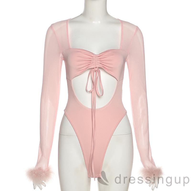 Bộ áo liền quần tay dài phối lưới thời trang cho nữ | BigBuy360 - bigbuy360.vn